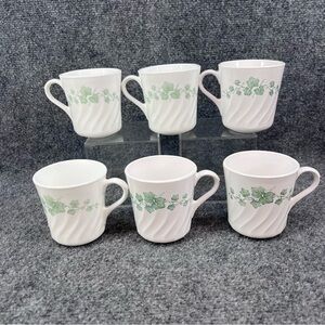 Set of 6 Corning Ware Corelle Callaway Green Ivy Pattern Swirl Coffee Cups Mugs
